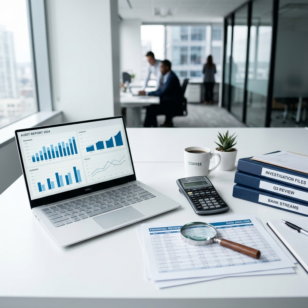 Financial investigation workspace with laptop showing charts, calculator, and magnifying glass over documents