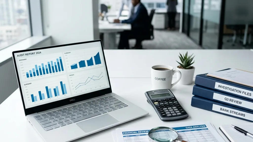 Financial investigation workspace with laptop showing charts, calculator, and magnifying glass over documents