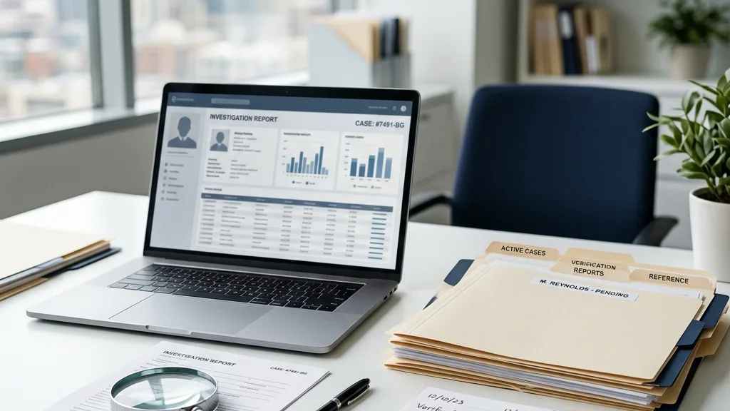 Professional background check investigation workspace with laptop, magnifying glass, and organized case documents