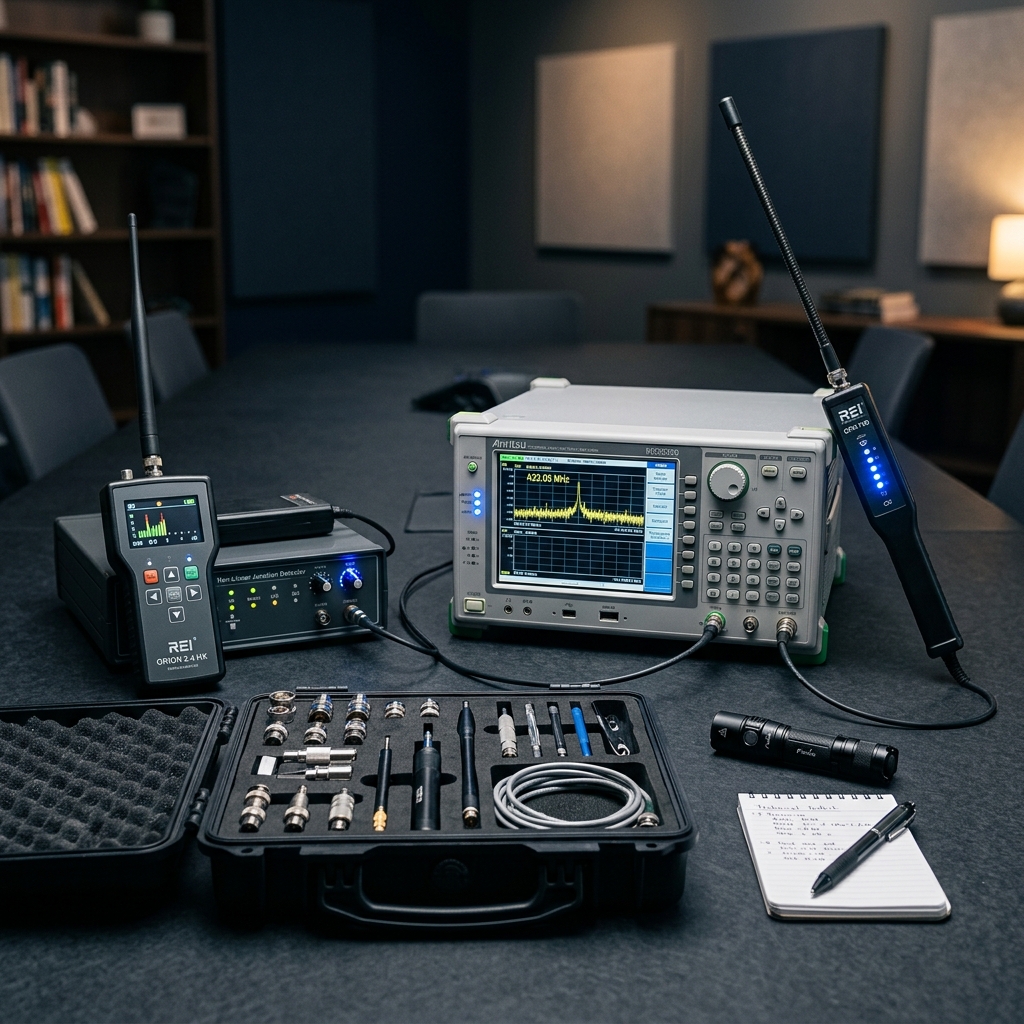 Professional TSCM bug sweep detection equipment including spectrum analyzer and RF detector on dark surface