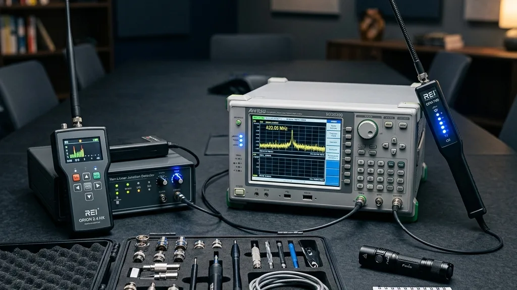 Professional TSCM bug sweep detection equipment including spectrum analyzer and RF detector on dark surface