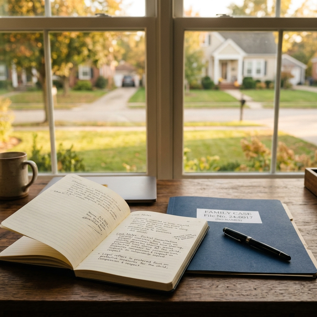 Family case investigation notebook and folder on a desk with warm home environment visible through window