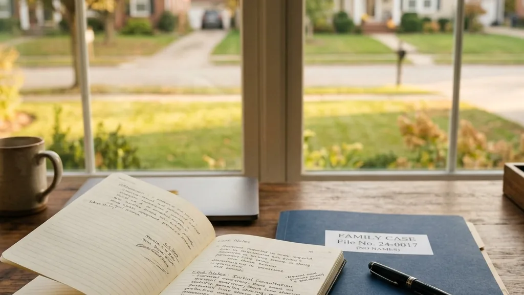 Family case investigation notebook and folder on a desk with warm home environment visible through window