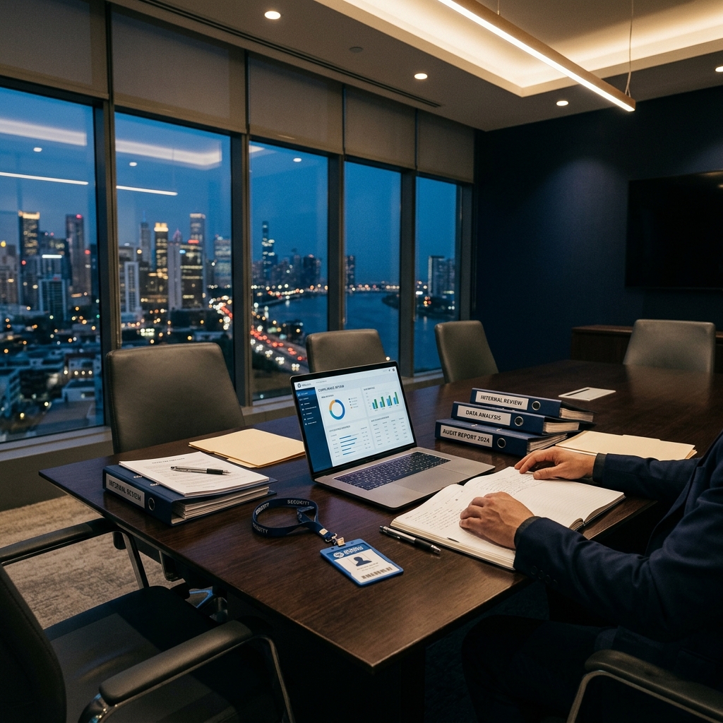 Modern boardroom with laptop and confidential documents representing corporate investigation services