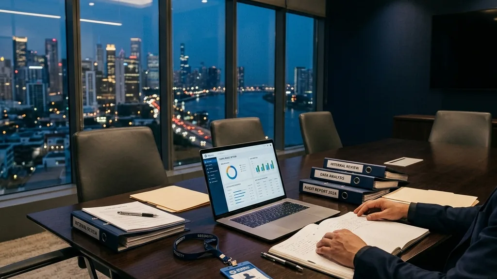 Modern boardroom with laptop and confidential documents representing corporate investigation services