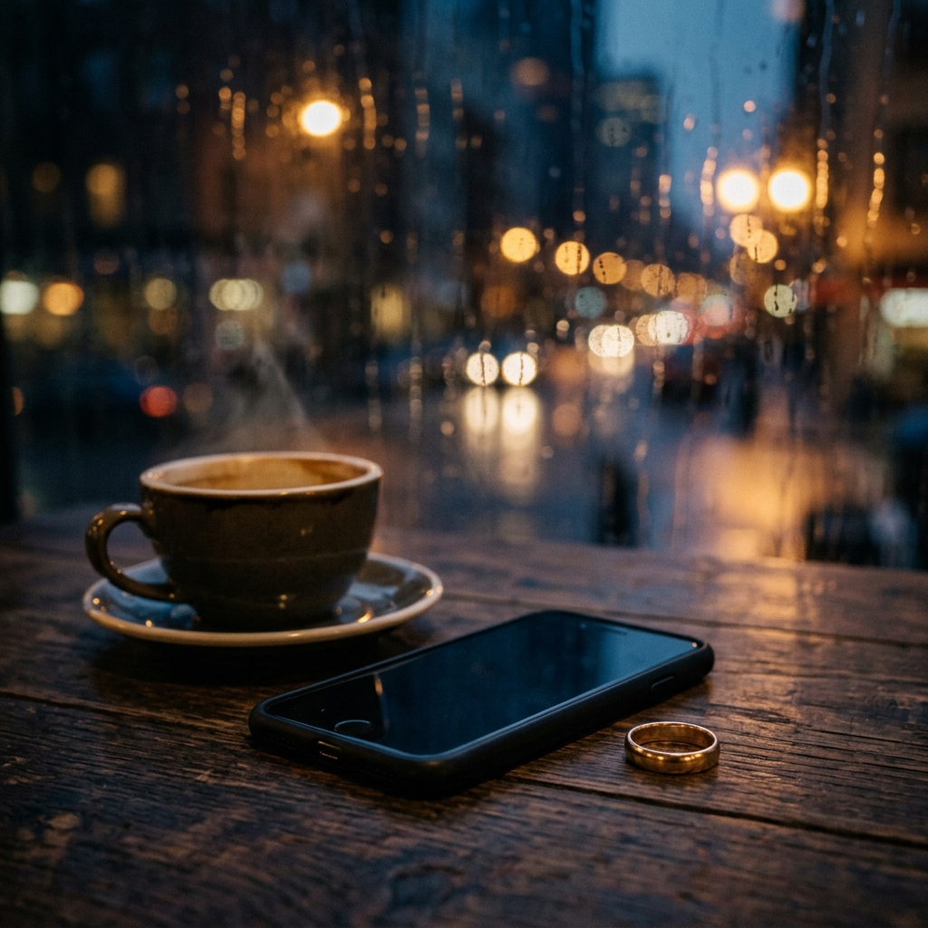 Smartphone and wedding ring on a dark table symbolizing infidelity investigation concerns