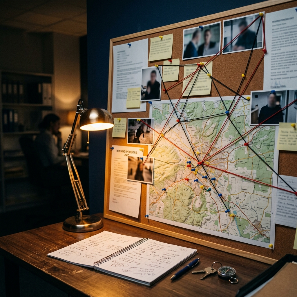 Missing persons investigation board with map pins, notes, and case research materials