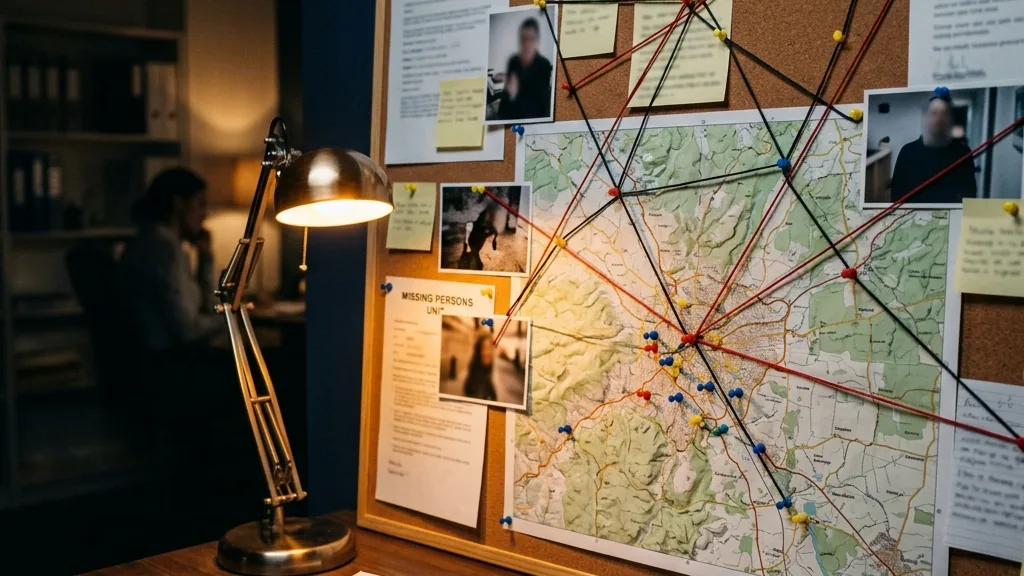Missing persons investigation board with map pins, notes, and case research materials