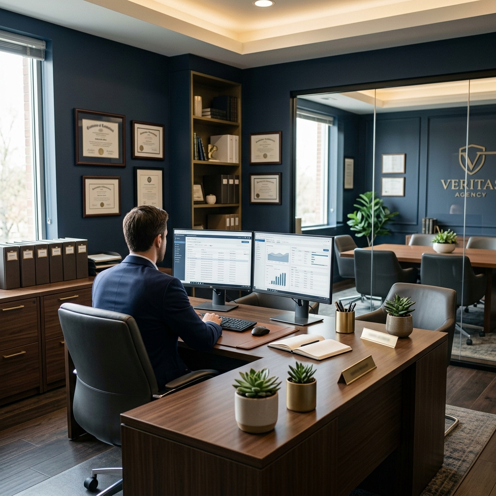 Modern private investigation agency office with professional equipment and case files