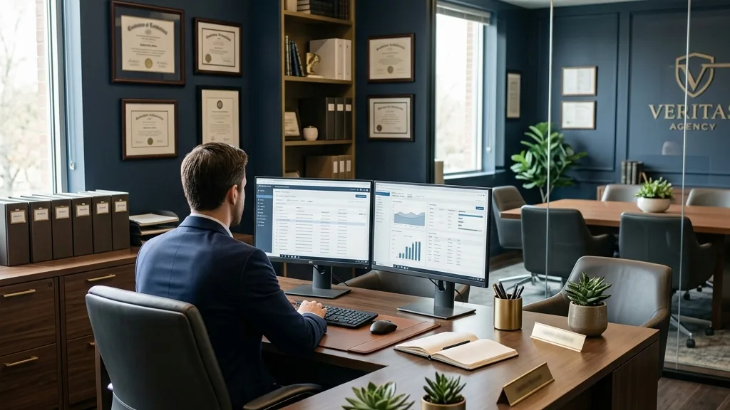 Modern private investigation agency office with professional equipment and case files