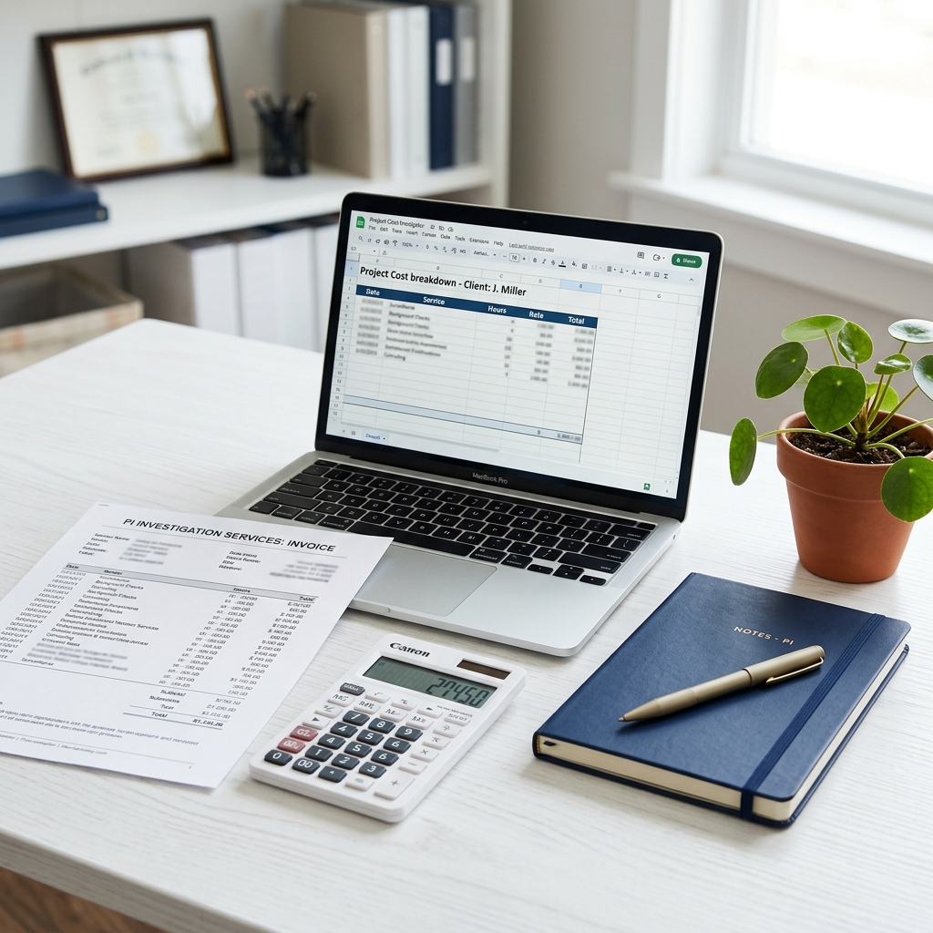 Private investigator cost guide with calculator, invoice, and laptop on a professional desk