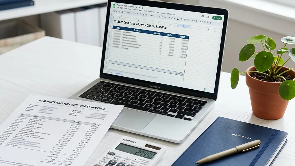 Private investigator cost guide showing pricing documents and calculator on a professional desk