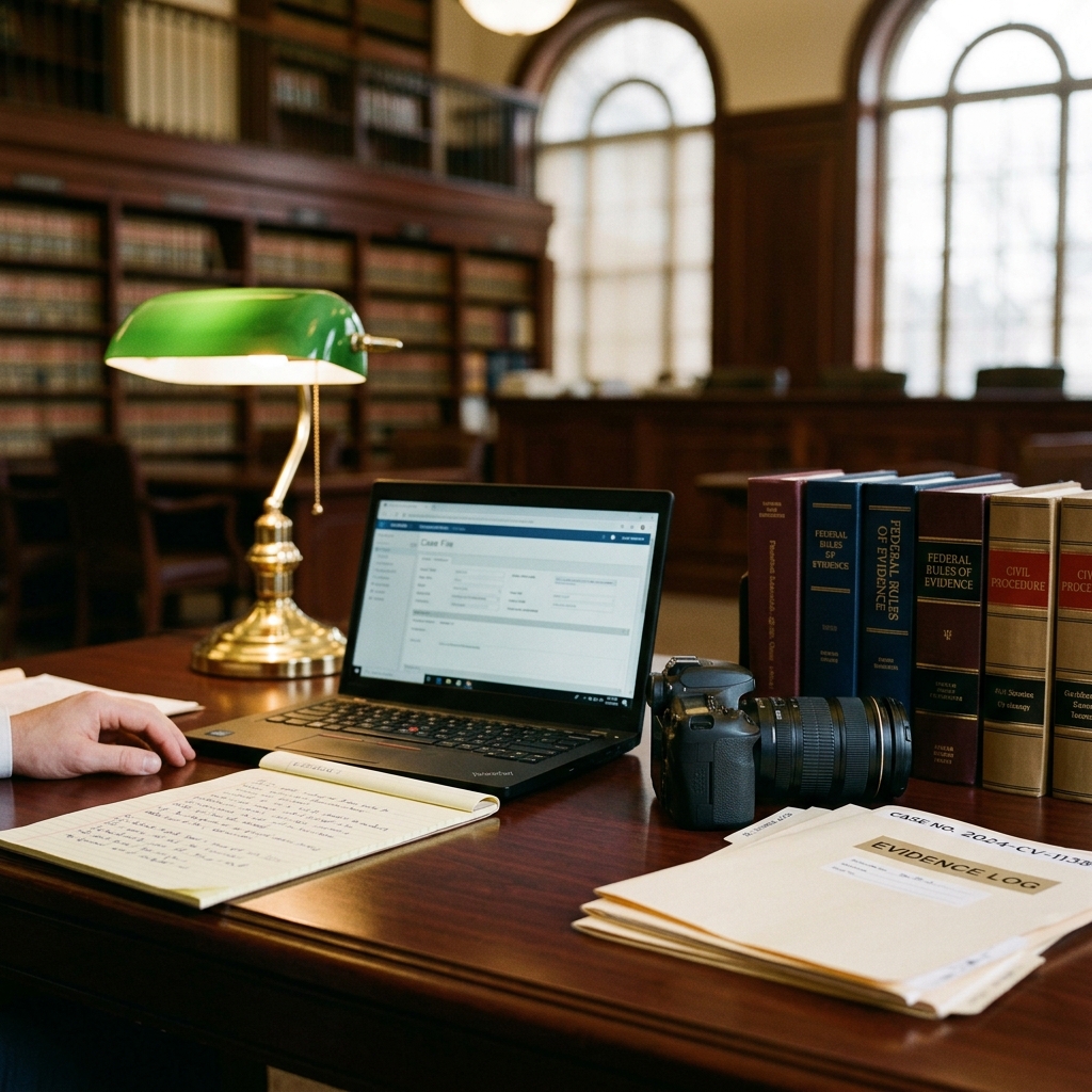 Legal investigation desk with law books, case files, camera, and evidence folders for attorney support