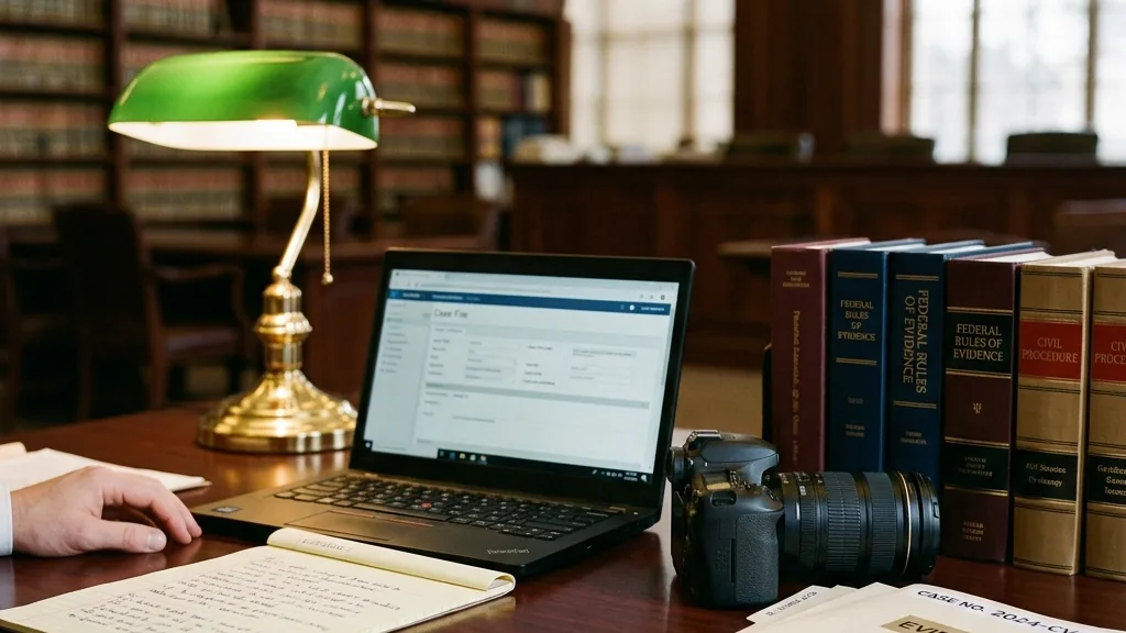 Legal investigation desk with law books, case files, camera, and evidence folders for attorney support