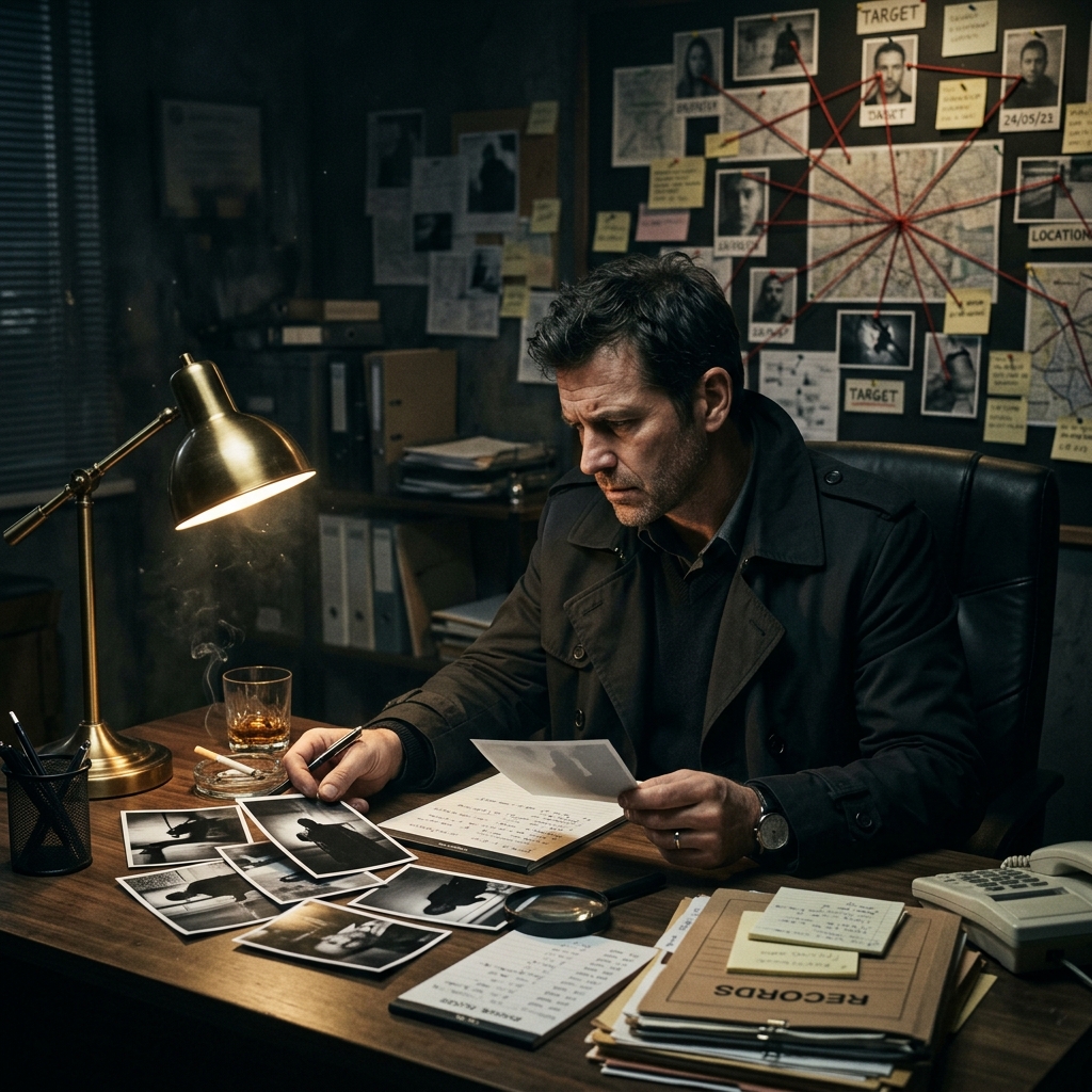 Private investigator reviewing surveillance evidence and phone records for an infidelity case