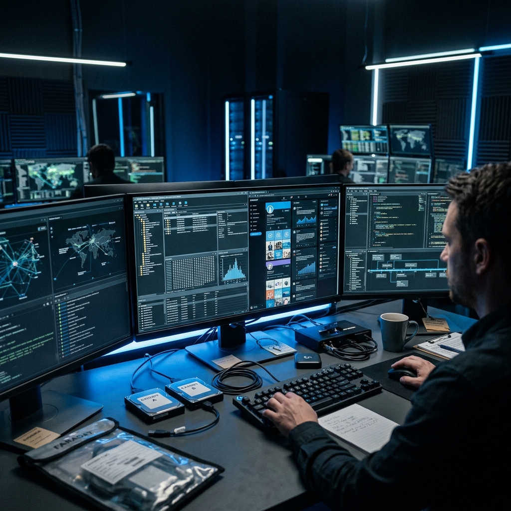 Digital forensics workspace with multiple monitors showing social media evidence analysis